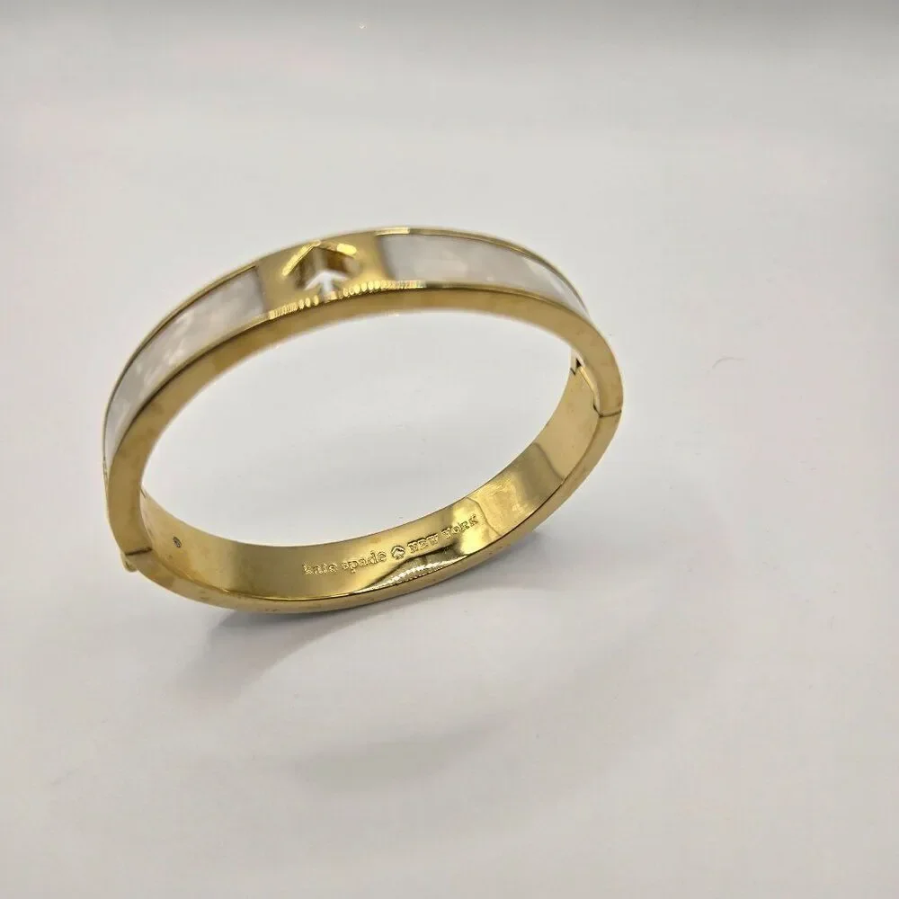 Kate Spade Gold-Tone Bangle Bracelet Mother Of Pearl Inlay Punch Spade